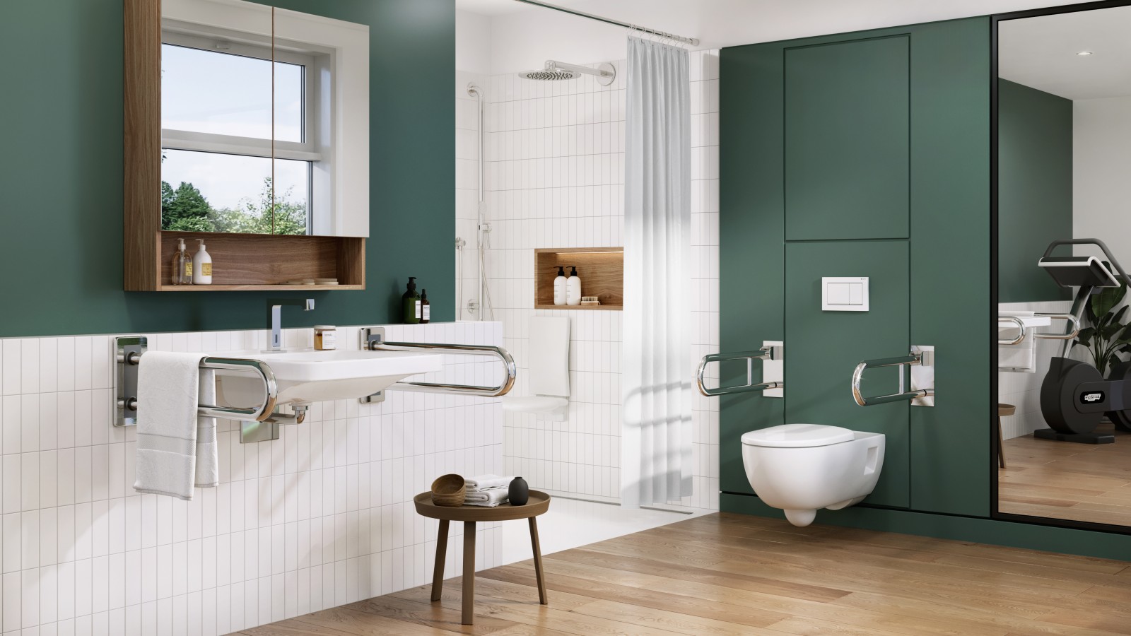 Zielono biała łazienka z produktami dla osób z niepełnosprawnością i osób starszych marki Lehnen | Koło Zielono biała łazienka z produktami dla osób z niepełnosprawnością i osób starszych marki Lehnen | Koło