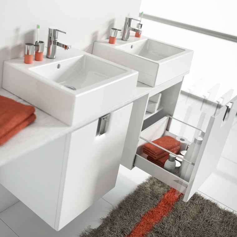 Biała łazienka z produktami marki Koło serii Twins / umywalka z szafką Biała łazienka z produktami marki Koło serii Twins / umywalka z szafką